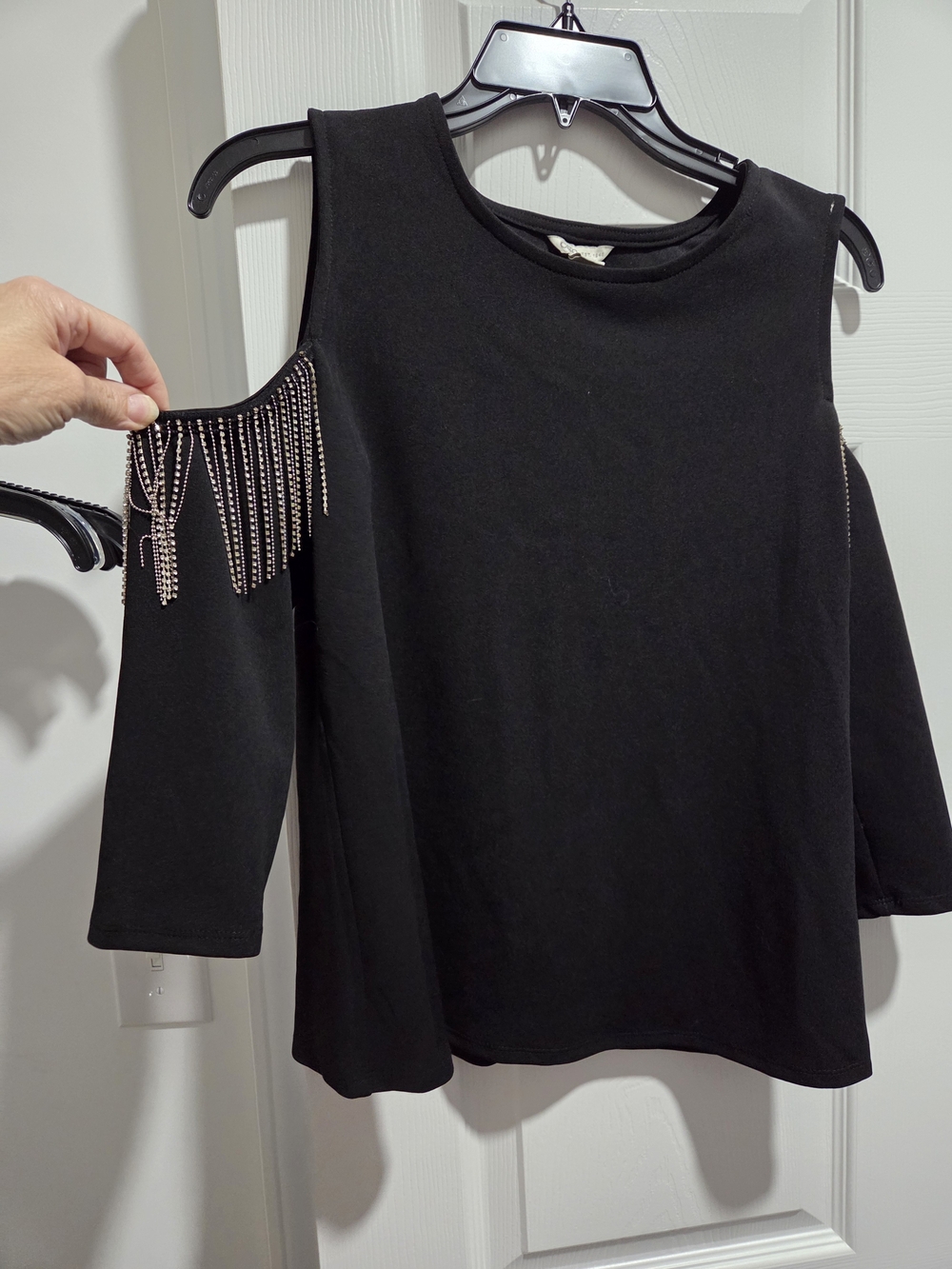 Cato Black Cold-Shoulder Long Sleeve Top with Rhinestone Fringe